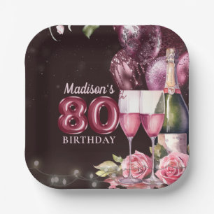 80th Birthday Wine & Balloons Personalized Paper Plate
