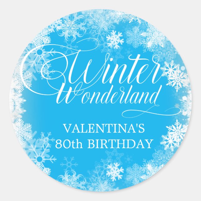 80th Birthday Winter Wonderland Snowflake Favour Classic Round Sticker (Front)