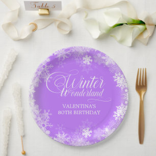 80th Birthday Winter Wonderland Snowflake Purple Paper Plate