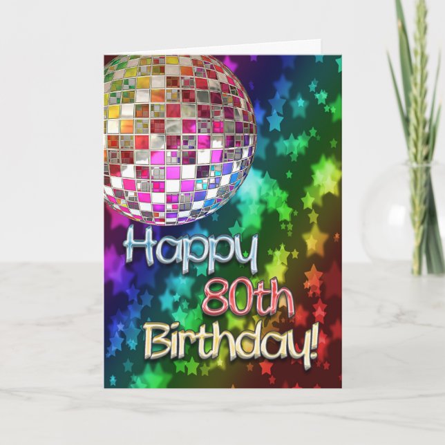 80th birthday with disco ball and rainbow of stars card (Front)