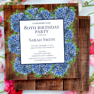 80th Birthday Wood Blue Hydrangeas Rustic Party Invitation