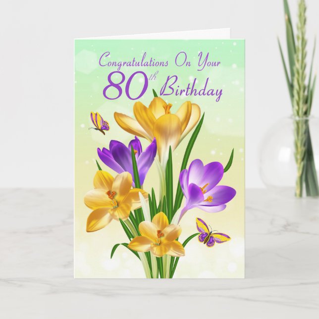80th Birthday Yellow And Purple Crocus Card (Front)