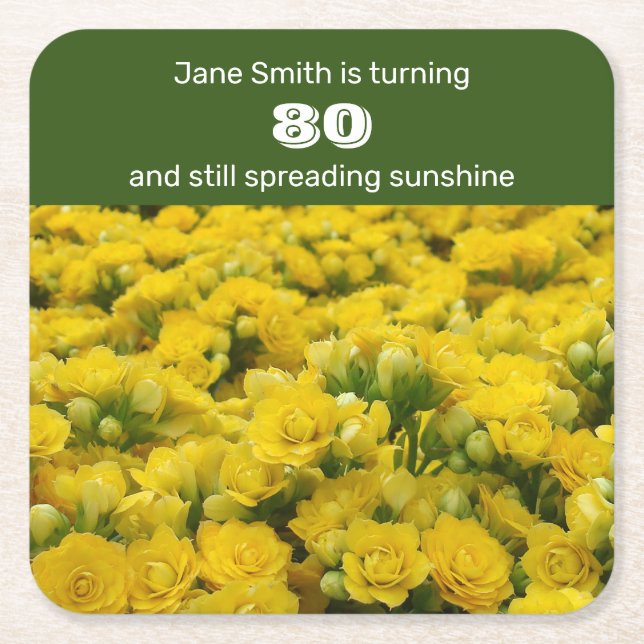 80th Birthday Yellow Floral Milestone Party Square Paper Coaster (Front)