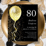 80th | Black & Gold Birthday Budget Invitation<br><div class="desc">Celebrate your special day in style with our black and gold glitter balloon birthday invitation! This affordable customizable paper invitation features a sleek black background with an eye-catching gold balloon and a cascade of gold glitter, creating a sophisticated and festive design that will make your guests feel excited to attend...</div>