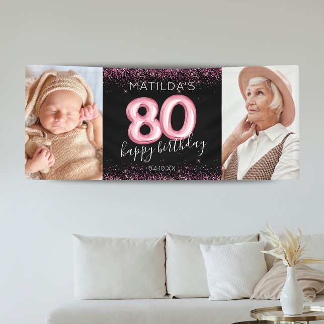 80th Black Pink Happy Birthday Photo Banner (Creator Uploaded)
