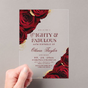 80th Burgundy Gold Red Roses Birthday Acrylic Invitations
