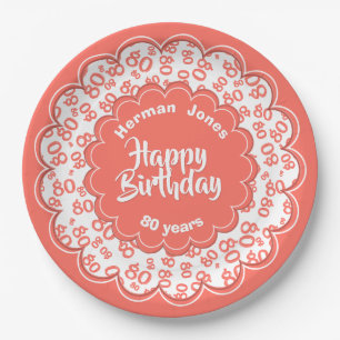 80th Coral/White Random Number Pattern Paper Plate