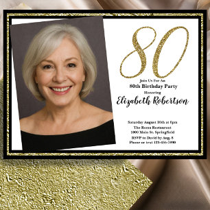 80th Custom Photo White Black and Gold  Invitation