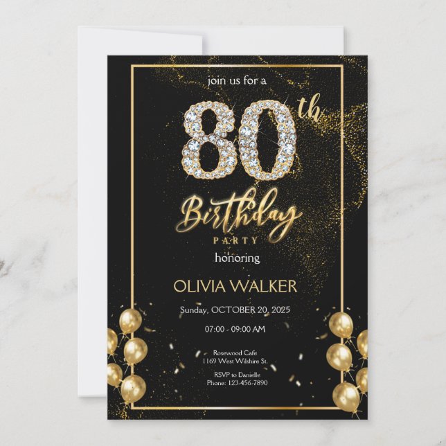 80th Diamond Black and Gold Birthday  Invitation (Front)