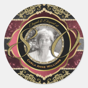 80th Eightieth Gold Ruby Diamonds Photo Frame Classic Round Sticker