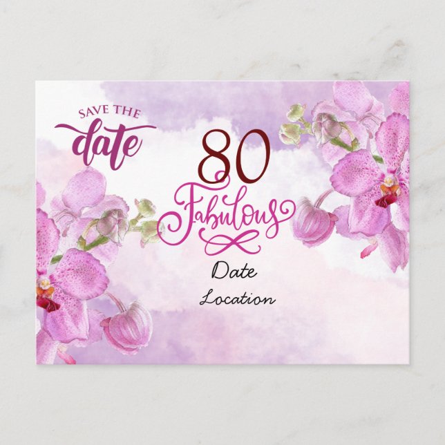 80th Fabulous Birthday with purple orchid flower   Postcard (Front)