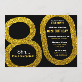 80th Gold Glitter Birthday Invitations