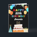 80th Happy Birthday Colourful Balloons Cake Black Card<br><div class="desc">80th Happy Birthday Colourful Balloons Cake Black with personalized name. For further customization,  please click the "Customize it" button and use our design tool to modify this template.</div>
