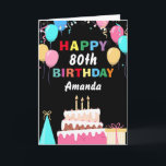 80th Happy Birthday Colourful Balloons Cake Black Card<br><div class="desc">80th Happy Birt5hday Colourful Balloons Cake Black with personalized name. For further customization,  please click the "Customize it" button and use our design tool to modify this template.</div>