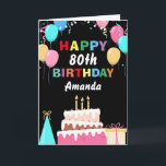 80th Happy Birthday Colourful Balloons Cake Black Card<br><div class="desc">80th Happy Birt5hday Colourful Balloons Cake Black with personalized name. For further customization,  please click the "Customize it" button and use our design tool to modify this template.</div>