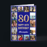 80th Happy Birthday Navy Blue & Gold Photo Collage Card<br><div class="desc">80th Happy Birthday Navy Blue and Gold Photo Collage Birthday Card. For further customization,  please click the "Customize it" button and use our design tool to modify this template.</div>