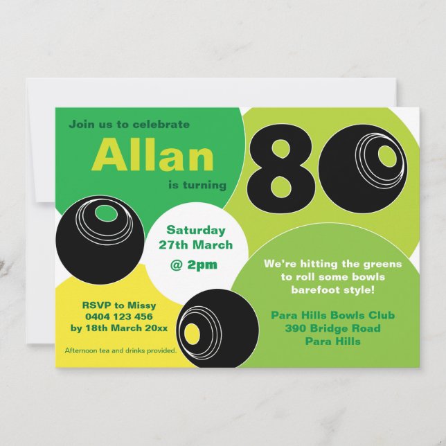 80th Lawn Bowls Barefoot Bowling Birthday Invitation (Front)