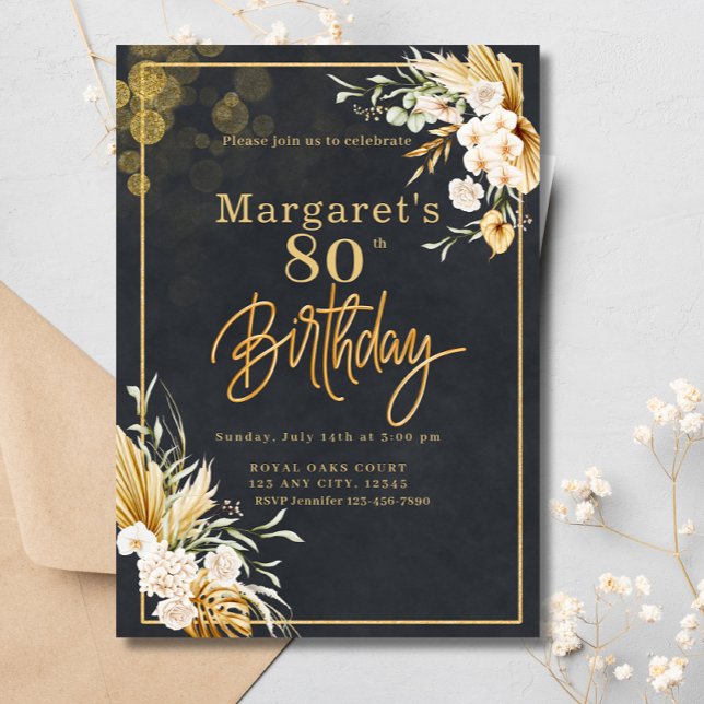 80th Modern Black & Gold Floral Glitter Birthday Invitation (Creator Uploaded)