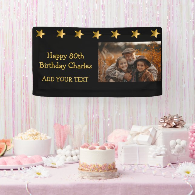 80th or Any Birthday Photo Gold Stars Custom  Banner (Party)