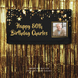 80th or Any Birthday Photo Gold Stars Custom Colou Banner<br><div class="desc">Celebrate any age birthday (shown for an 80th birthday) for him or her with this personalized banner sign in a customizable colour (shown in black) with gold stars, a photo and your custom text (the sample font shown is a hand lettered brush script that you can change as desired). CHANGES:...</div>