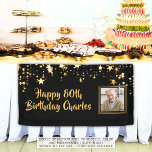 80th or Any Birthday Photo Gold Stars Custom Colou Banner<br><div class="desc">Celebrate any age birthday (shown for an 80th birthday) for him or her with this personalized banner sign in a customizable colour (shown in black) with gold stars, a photo and your custom text (the sample font shown is a hand lettered brush script that you can change as desired). CHANGES:...</div>