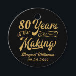 80th or Any Birthday Retro Years in the Making Favour Tags<br><div class="desc">Retro 80th or any age birthday personalized round favour tags featuring a retro calligraphy script typography title 80 YEARS IN THE MAKING which incorporates his or her birth year within the design and your custom text (shown with name and date) on the front and the message THANK YOU FOR CELEBRATING...</div>