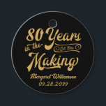 80th or Any Birthday Retro Years in the Making Favour Tags<br><div class="desc">Retro 80th or any age birthday personalized round favour tags featuring a retro calligraphy script typography title 80 YEARS IN THE MAKING which incorporates his or her birth year within the design and your custom text (shown with name and date) on the front and the message THANK YOU FOR CELEBRATING...</div>
