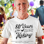 80th or Any Birthday Retro Years in the Making T-Shirt<br><div class="desc">Retro 80th (or any age) t-shirt or choice of apparel featuring a retro calligraphy script typography title 80 YEARS IN THE MAKING personalized with their birth year within the design--all in your choice of colours to show on your choice of clothing style or colour. ASSISTANCE: For help with design modification...</div>