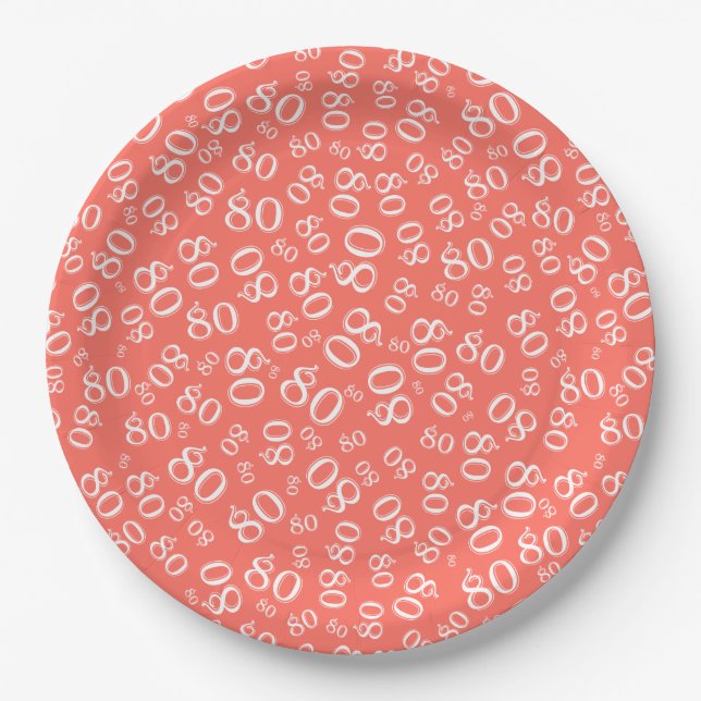 80th Party Random Number Pattern Coral/White Paper Plate (Front)