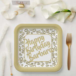 80th Party Random Number Pattern Gold/White Paper Plate