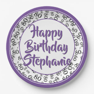 80th Party Random Number Pattern Purple/White Paper Plate