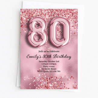 80th Pink Glitter Birthday Invitation