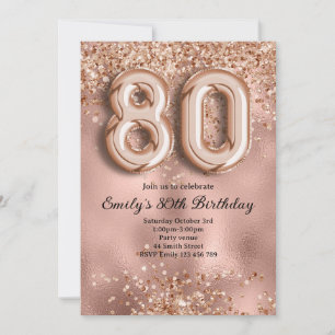 80th Rose Gold Glitter Birthday Invitation