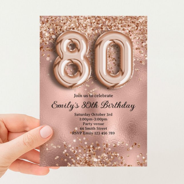 80th Rose Gold Glitter Birthday Invitation (Creator Uploaded)