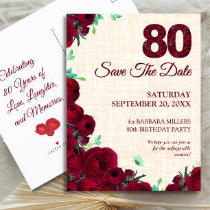 80th Save the Date - Red Peonies on Linen Announcement Postcard