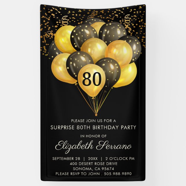 80th Surprise Birthday Black Gold Glitter   Banner (Vertical)