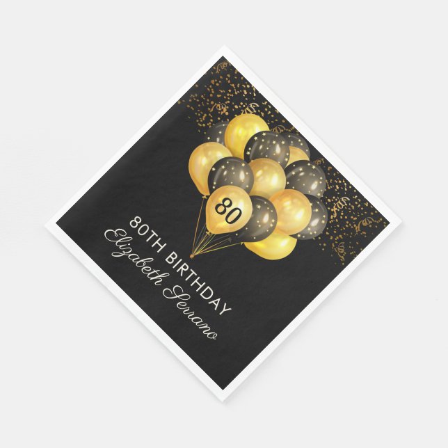 80th Surprise Birthday Black Gold Glitter Napkin (Corner)