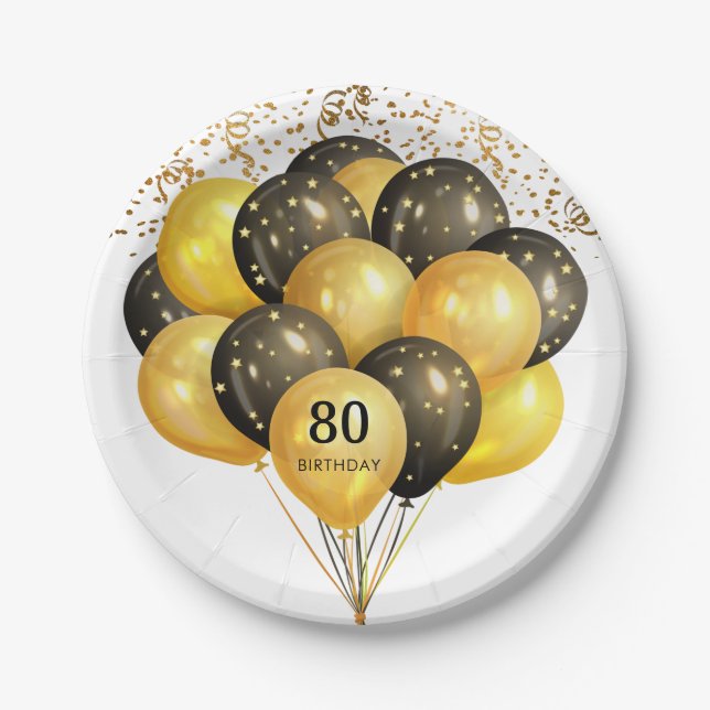 80th Surprise Birthday Black Gold Glitter Paper Pl Paper Plate (Front)