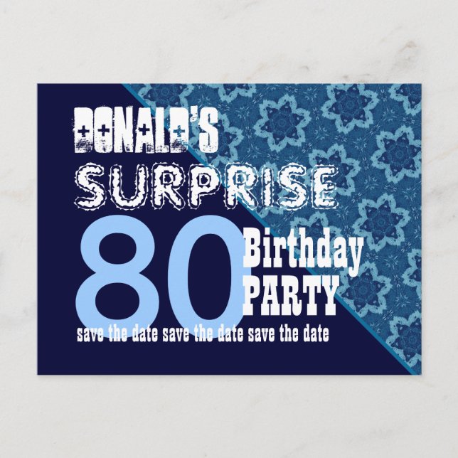 80th Surprise Birthday Save the Date Diagonal VB21 Announcement Postcard (Front)