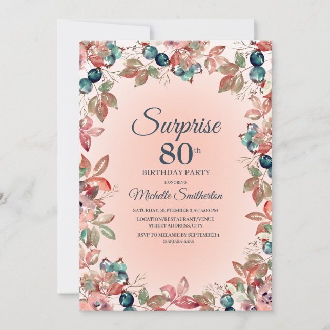 80th Surprise Birthday Women Pink Teal Floral Invitation (Front)