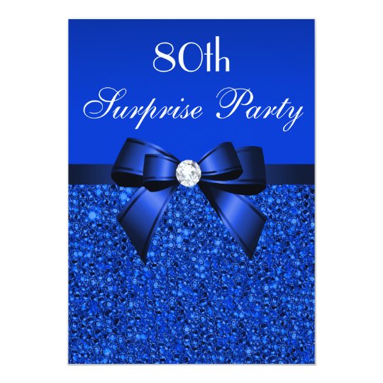 80th Surprise Party Royal Blue Sequins and Bow Card