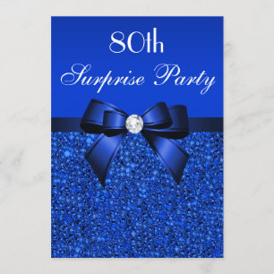 80th Surprise Party Royal Blue Sequins and Bow Invitation