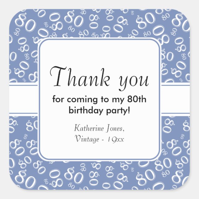 80th Thank You Black/White Birthday Number Pattern Square Sticker (Front)