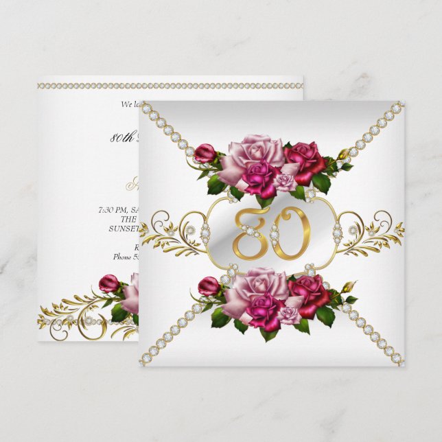80th Women's Birthday Party Pink Roses White Gold Invitation (Front/Back)