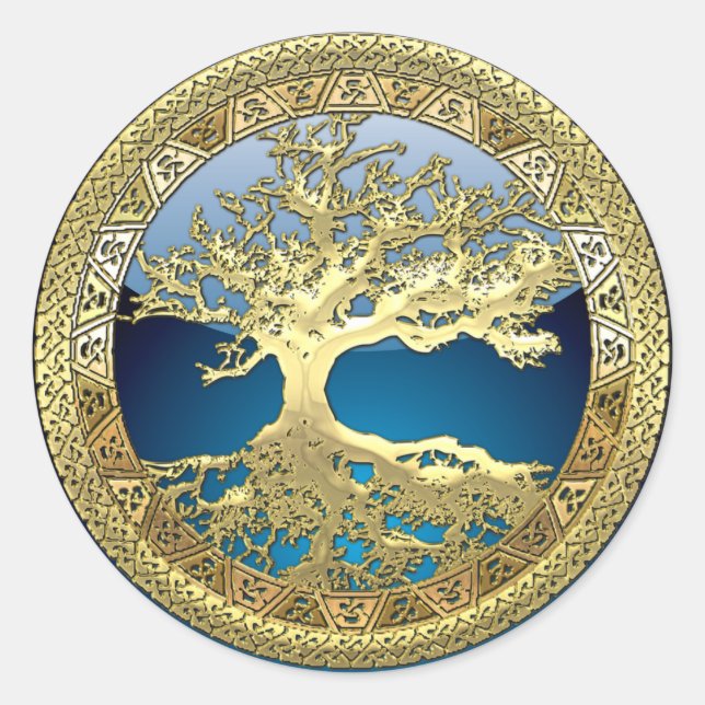 [81] Golden Celtic Tree of Life [3D] Classic Round Sticker (Front)