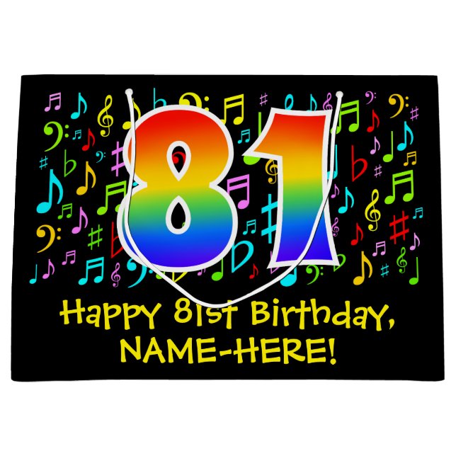 81st Birthday - Colourful Music Symbols, Rainbow 8 Large Gift Bag (Front)