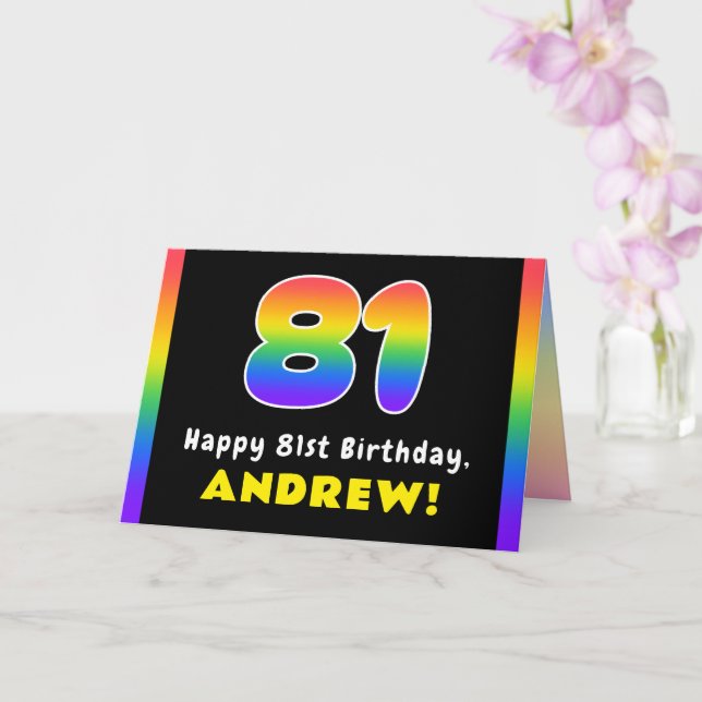 81st Birthday: Colourful Rainbow # 81, Custom Name Card (Orchid)