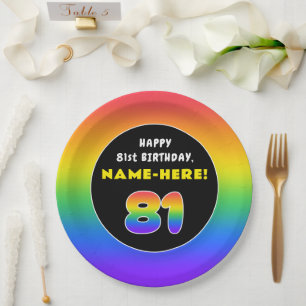 81st Birthday: Colourful Rainbow # 81, Custom Name Paper Plate