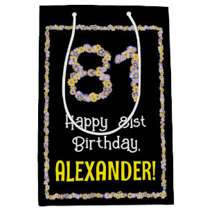 81st Birthday: Floral Flowers Number, Custom Name Medium Gift Bag
