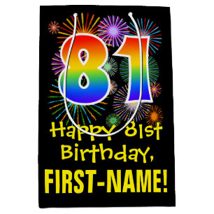 81st Birthday: Fun Fireworks Pattern + Rainbow 81 Medium Gift Bag